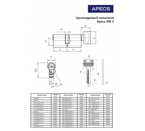 Апекс Цилиндр механизм SM-85(35С*50)-С-NI перф ключ/верт 4603869079727