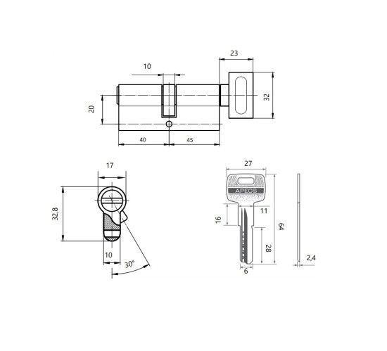 Апекс Цилиндр механизм SM-85(40*45С)-С-NI перф ключ/верт 4603869079741