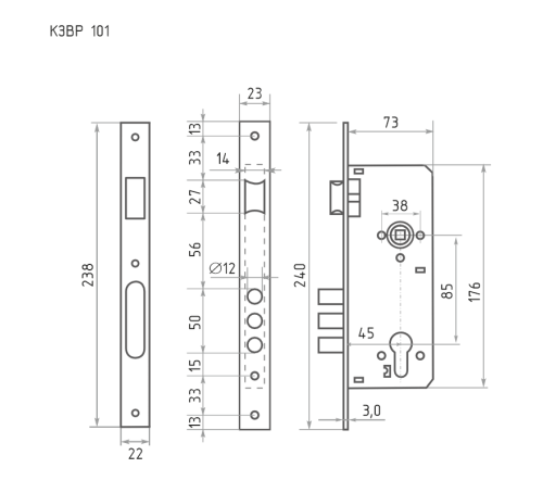 Нора-М Замок врез КЗВ 101 85мм  хром без цмех  бруч 4606555008834