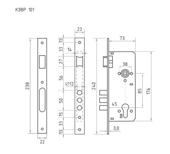 Нора-М Замок врез КЗВ 101 85мм  хром без цмех  бруч 4606555008834